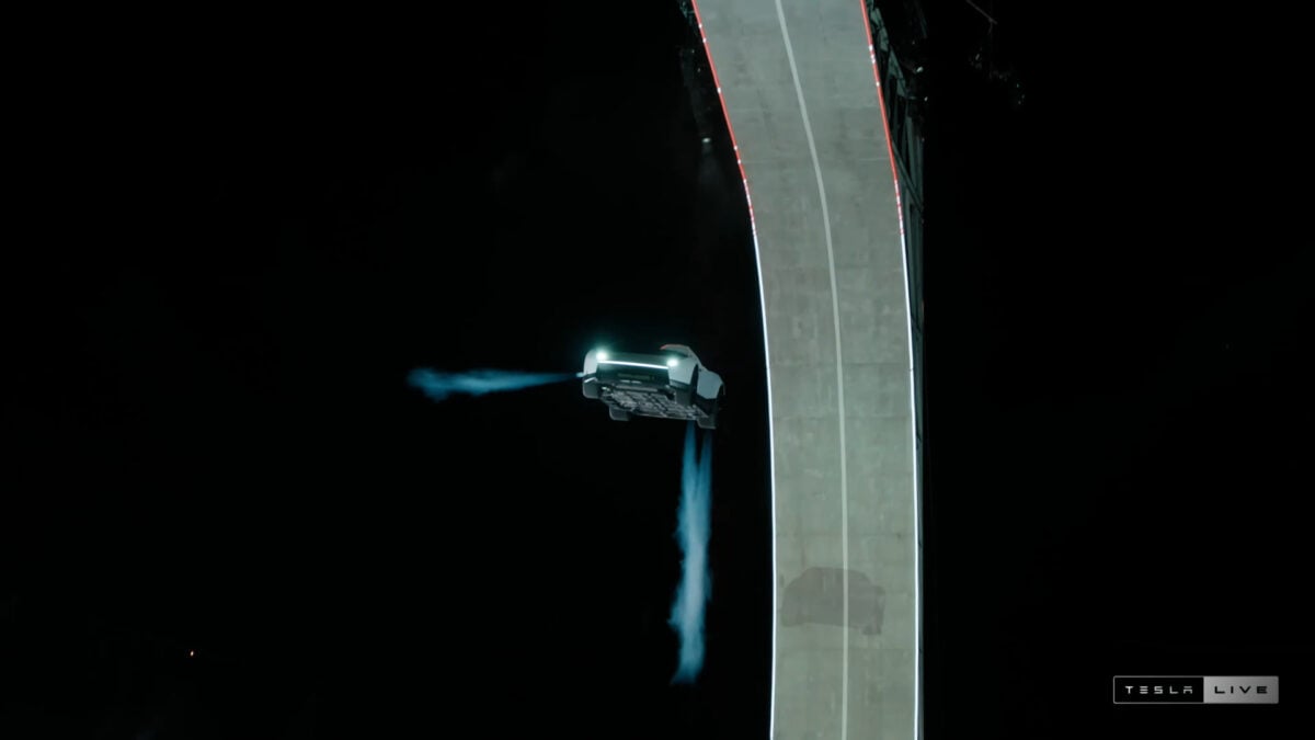 A prototype Tesla Roadster glides through the air at a demo in McGregor, Texas on Oct. 15, 2026.